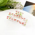 Close-up of clear acrylic hair claw clip with cherry print on a white plate - Fruit Cherry (8.5cm Square)