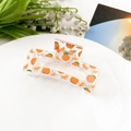 Close-up of transparent acrylic hair claw clip with fresh orange fruit print pattern - Fruit Orange (8.5cm Square)