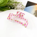 Macro shot of transparent hair claw clip featuring pink grape prints and metal spring - Fruit Grape (8.5cm Square)