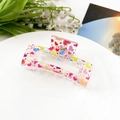 Detail view of rectangular hair claw clip with colorful heart patterns and LOVE print - Colorful Heart (8.5cm Square)