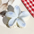 Floral claw clip with blue ribbon print and cream white petals for half-up hair styling - UV Printed Egg Flower-Cream White 168-2