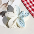 Floral hair claw clip in cream with blue bow pattern and polka dots for women - UV Printed Egg Flower-Cream White 168-5