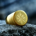 Men's gold stainless steel compass signet ring with brushed finish and vintage engraving - US Size 7 / Gold