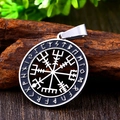 Nordic Viking Vegvisir compass pendant in stainless steel with runic alphabet engravings - Vegvisir Compass Style (BP8-544 Single Pendant)