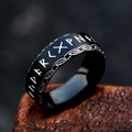 Matte black stainless steel Viking ring with silver Norse runes and Celtic knot borders - US Size 7 / Nordic Runic Style (BR-R205) / Black