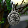 Macro detail of Viking Valknut pendant with runic alphabet in vintage steel finish - Valknut Antique Silver (BP8-912) / Pendant Only (No Chain)