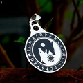 Macro detail of Viking wolf pendant with Tai Chi moon sun design and Rune engraving - Twin Wolves Black (BP8-913) / Pendant Only (No Chain)