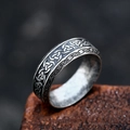 Vintage oxidized titanium steel ring featuring intricate Celtic knot and wave engravings - US Size 7 / Continuous Celtic Knot Style (BR-R204) / Antique Silver