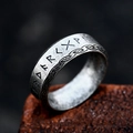 Retro stainless steel ring featuring Nordic runes and Celtic knot carvings on stone - US Size 7 / Nordic Runic Style (BR-R205) / Antique Silver
