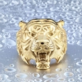 Macro shot of gold-plated tiger head ring with detailed engraving and roaring expression - US Size 7 / Gold