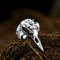 Detail of vintage silver Viking raven skull ring with Vegvisir compass and black gemstone - US Size 7 / Black Gemstone