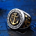 Vintage Edelstahl Siegelring mit nautischem Ankerrelief in Gold und schwarzem Finish - US Größe 7 / Gold & Silber