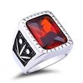 Bague homme en acier avec pierre rouge rectangulaire et motifs de feuilles gravés - Taille US 8 / Couleur Acier-Rubis