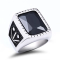 Bague vintage pour hommes en acier inoxydable avec pierre noire et motif de feuilles - Taille US 8 / Couleur Acier - Pierre Noire