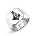 Polished silver stainless steel Freemasonry signet ring with square compass and G symbol - US Size 7 / Masonic Symbol Style (BR8-317)