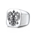 Polished stainless steel signet ring with engraved double-headed eagle emblem in silver finish - US Size 7 / Double-Headed Eagle Crest Style (BR8-320)