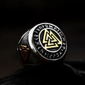 Vintage Viking Valknut ring in stainless steel with golden runes and rustic finish - US Size 7 / Valknut Style (BR8-584间金)