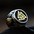 Vintage Viking Valknut ring in silver and gold stainless steel with runic carvings - US Size 7 / Viking Rune Style (BR8-619间金)