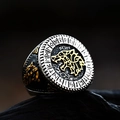 Macro detail of Nordic Viking signet ring featuring a golden wolf head and Runic alphabet - US Size 7 / Wolf Head Totem Style (BR8-725间金)