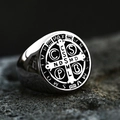 Macro shot of Saint Benedict Medal signet ring with vintage cross and religious symbols - US Size 7 / Side Smooth Style (BR8-850)