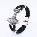 Men's vintage Viking leather bracelet with stainless steel Mjolnir hammer and Vegvisir - Vegvisir Ram Head Style (BC-L015) / Plus Size