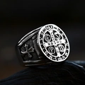Retro Saint Benedict Medal ring in black vintage finish with carved side cross - US Size 7 / Side Cross Style (BR8-623)