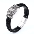 Bracelet Viking Odin en cuir avec breloques en acier inoxydable gravées de runes nordiques - 18cm / Style Aegishjalmur (BC-L054)