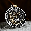 Vintage stainless steel Viking wolf head pendant necklace with Nordic rune alphabet - Two-tone Gold - Pendant Only (Without Chain)