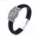 Bracelet Viking en cuir noir avec boussole d'Odin argentée et fermoir magnétique en métal - 18cm / Style Symbole Boussole (BC-L052)