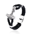 Men's Viking Mjolnir braided black leather bracelet with stainless steel fold-over clasp - Viking Thor's Hammer Style (BC-L006) / Plus Size