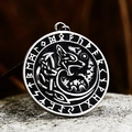 Vintage stainless steel Viking wolf head pendant with Nordic runes in antique silver finish - Steel Color - Pendant Only (Without Chain)