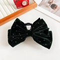Detailed close-up of dark green velvet bow hair claw clip with sparkling diamond accents - Dark Green With Rhinestones