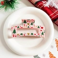 Pink Christmas shark hair claw clip featuring green tree and red heart festive prints - Pink Square - Heart and Tree