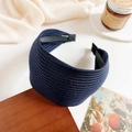 Wide navy blue knitted ribbed headband with non-slip lining for high hair volume - Navy Blue