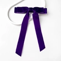 Detail of high-quality purple velvet bow hair clip with elegant long hanging ribbons - Deep Purple (Tie Style)
