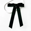 Close-up of deep green velvet bow hair clip with long ribbons on a white tray - Dark Green (Tie Style)