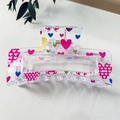 Detail view of heart-patterned acrylic hair claw clip with Love prints and metal spring - 8.5cm Heart Print - Style J Transparent Base / PS