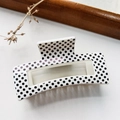 Detailed view of white square hair claw clip with black polka dot pattern and fine teeth - Small Polka Dot White Base