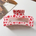 Detailed view of large rectangular hair claw clip with red lip and rose floral prints - Lip Style / Red Lips Rose (Pink)