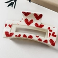 Pinza per capelli rettangolare bianca con cuori rossi disegnati a mano e finitura lucida - Stile A / Cuore Rosso Dipinto a Mano (Bianco)