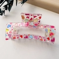 Rectangle hair claw clip with colorful heart patterns and LOVE text on white leather - Style C / Colorful Print Heart (Transparent)