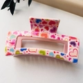 Pink rectangular hair claw clip with colorful heart patterns and LOVE lettering - Style C / Colorful Print Heart (Pink)