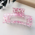 Sweet pink acrylic rectangle hair claw clip with printed heart patterns for women - 8.5cm Heart Print - Style D Transparent Base / PS
