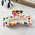 Large white hair claw clip with colorful heart patterns and glossy resin finish - 8.5cm Heart Print - Style E White Base / PS