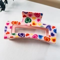 Pink rectangular heart print hair claw clip with colorful dopamine style patterns - 8.5cm Heart Print - Style E Pink / PS