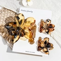 Detail view of amber resin floral hair claw clips on white display card with rustic decor - Transparent Amber