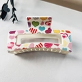 Large white hair claw clip featuring vibrant colorful heart prints in a square hollow design - 8.5cm Heart Print - Style F White Base / PS