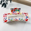Large hair claw clip in white featuring colorful printed heart patterns and patterns - 8.5cm Heart Print - Style G White Base / PS