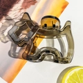 Dettaglio ravvicinato della pinza per capelli lucida a forma di cane con motivo a tartaruga e molla - Forma Cane 9cm / color tè trasparente