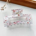 Large square floral hair claw clip in transparent acrylic with pink flowers and silver glitter - Peony Transparent Base